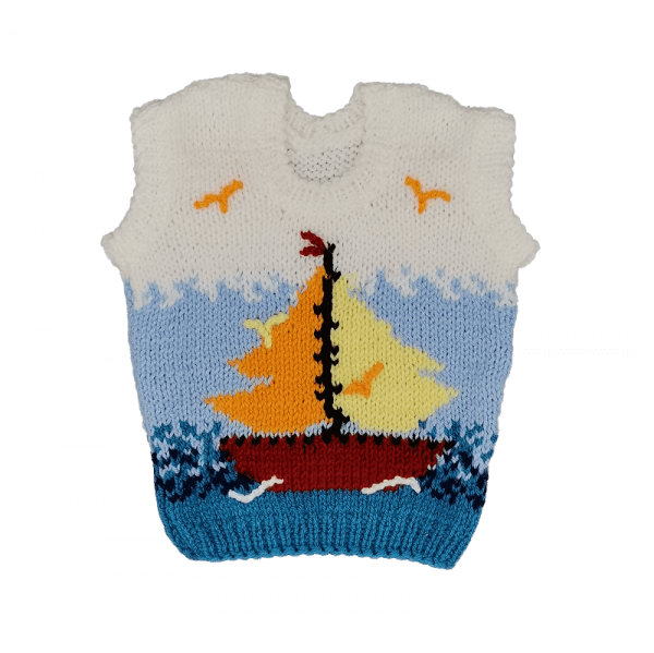 Vesta vesela tricotata manual pentru copii Barcuta Cuta